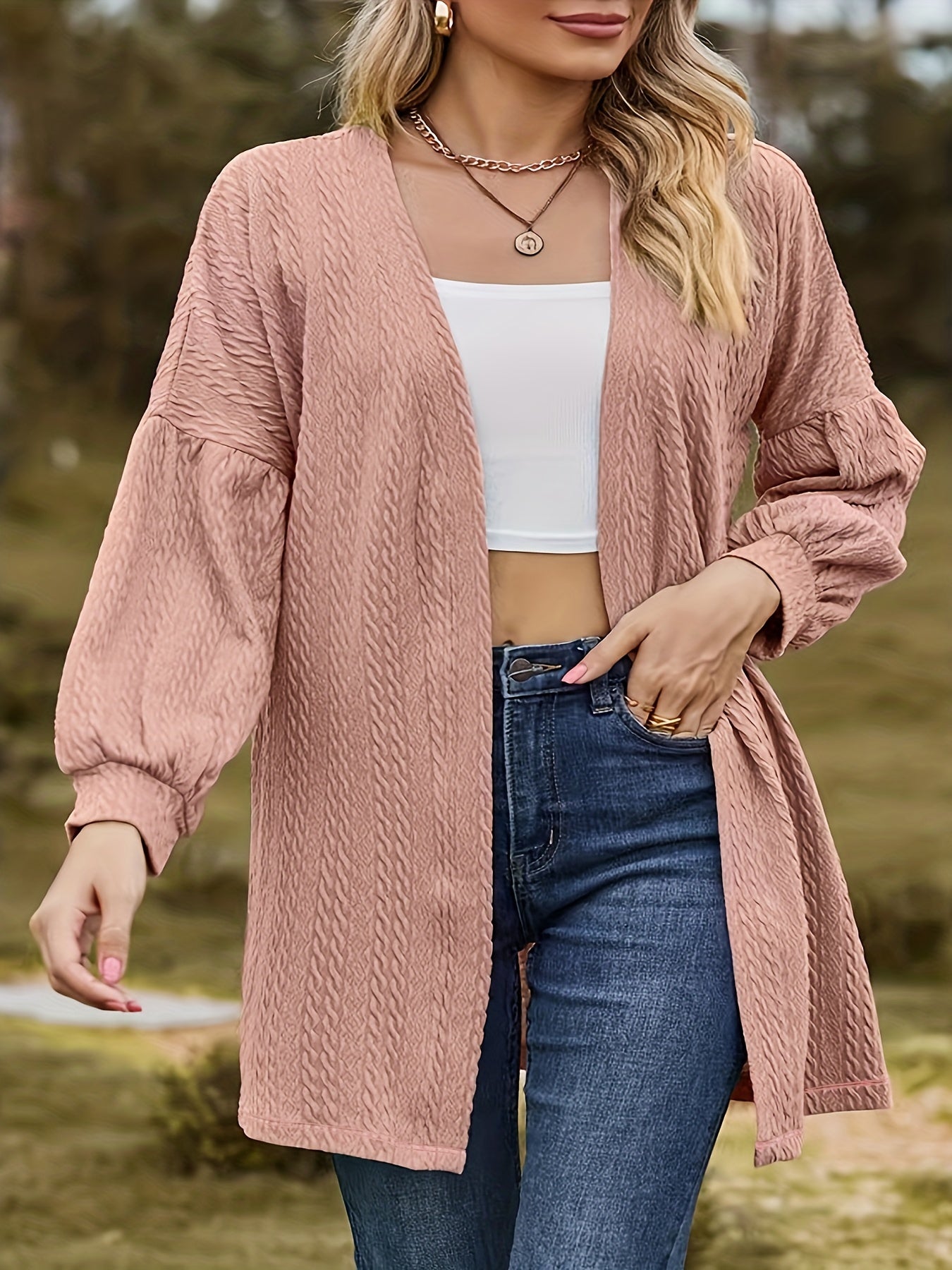  Solid Knitted Long Sleeve Open Front Cardigan