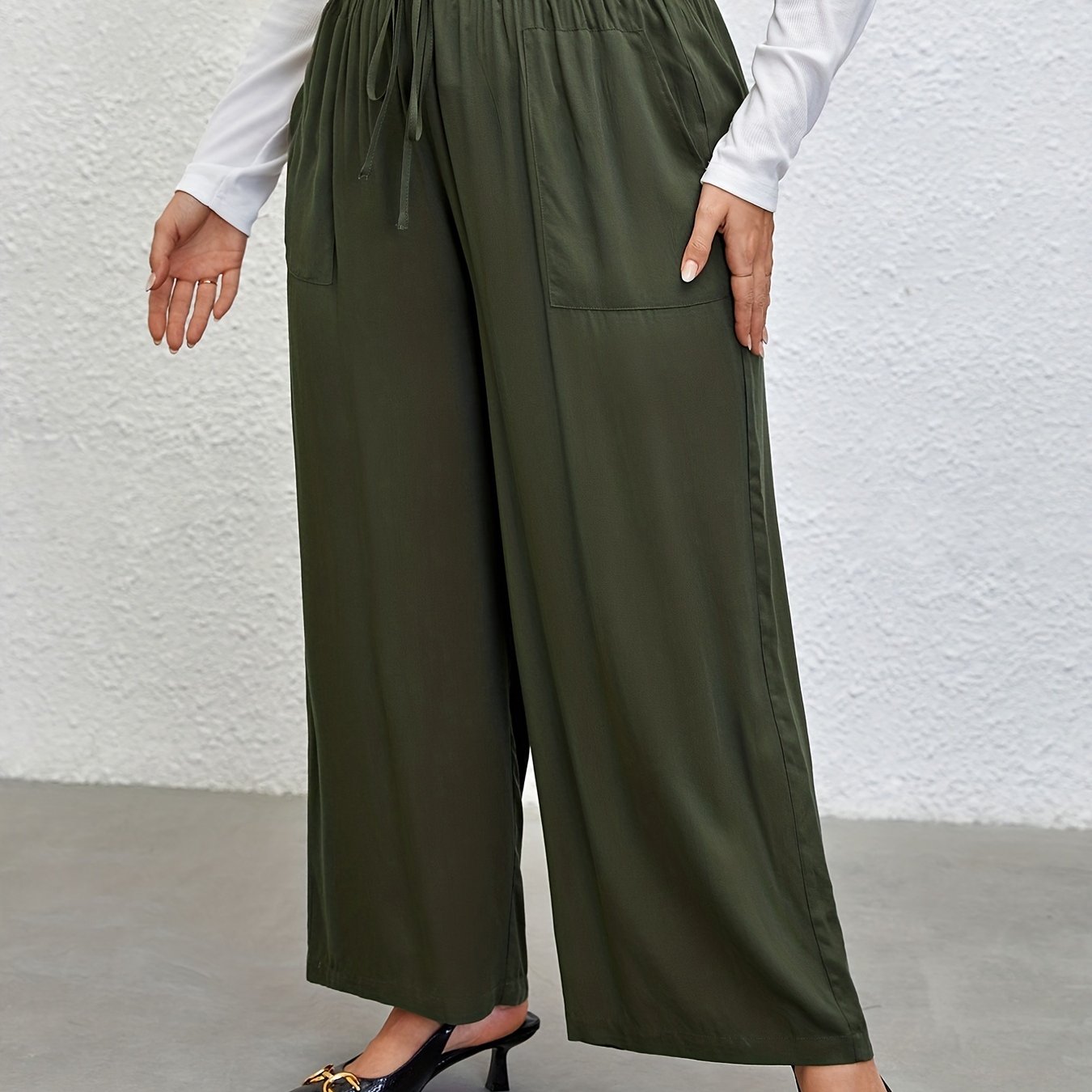  Plain Waist Band Drawstring Wide Leg Pants