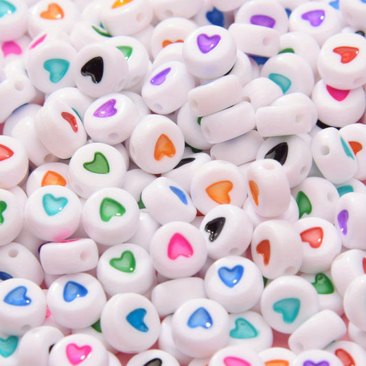 100pcs Heart Pattern Acrylic Flat Round Beads for Jewelry Making