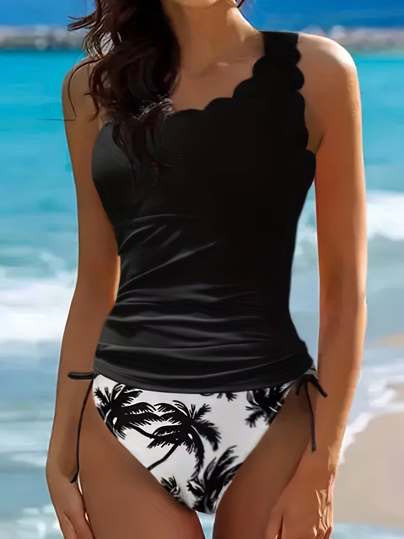 Coconut Tree One Shoulder Bikini Set Scallop Trim Two Piece Swimsuit