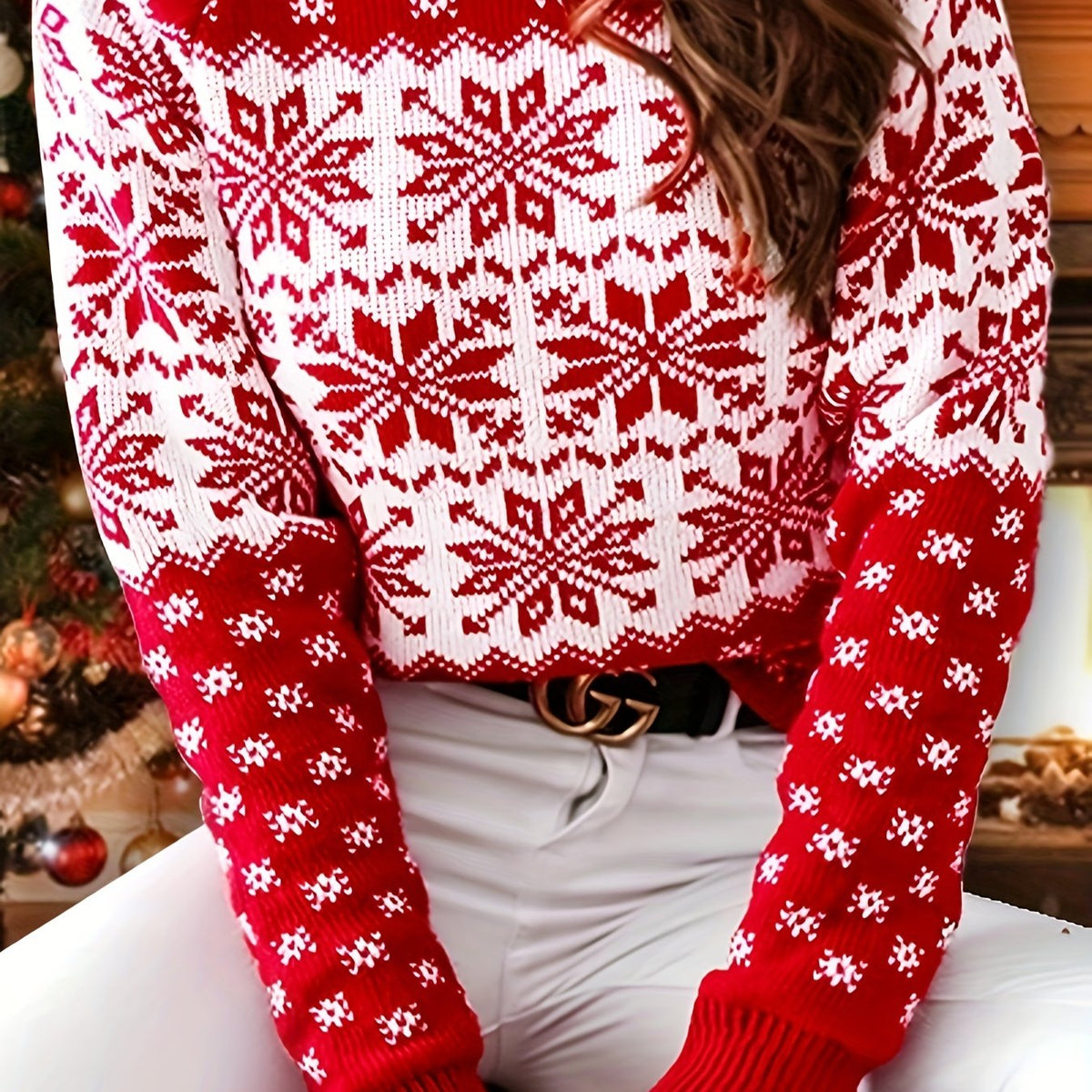  Colorblock Snowflake Print Christmas Sweater