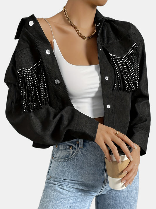 Rhinestone Fringe Trim Tassel Jacket Long Sleeve Button Front