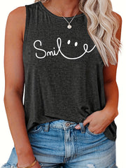  Smiling Face Print Tank Top - Round Neck Stretchy Casual Shirt