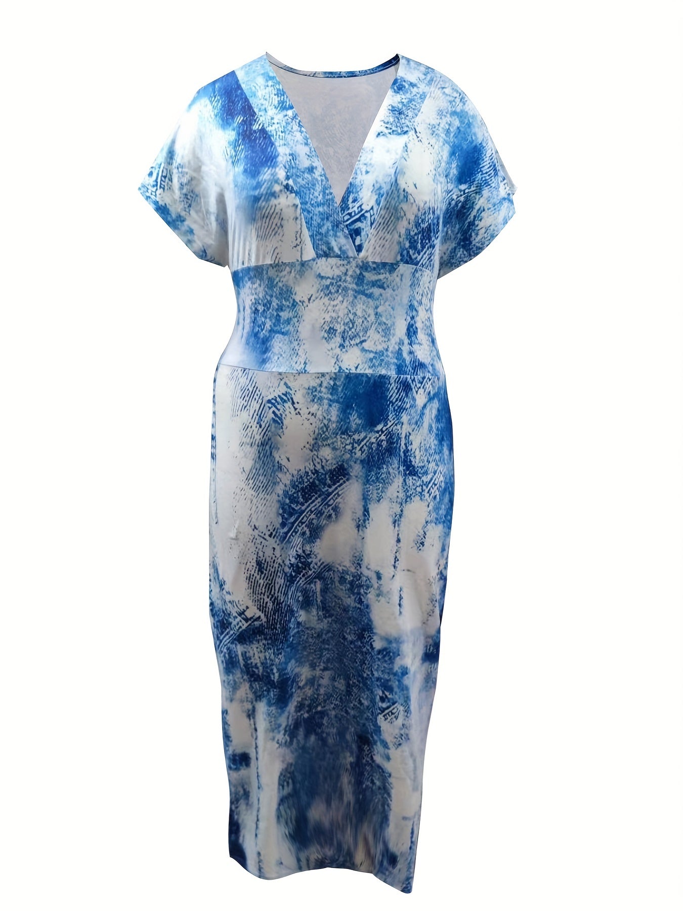  Colorblock Denim Print Batwing Midi Dress