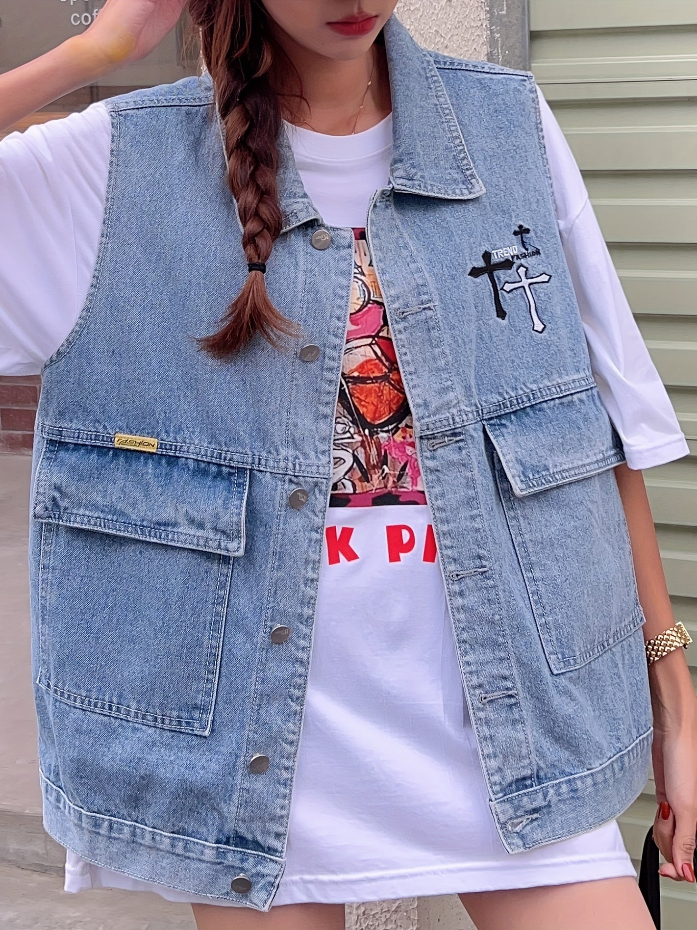  Cross Print Denim Jacket Vest
