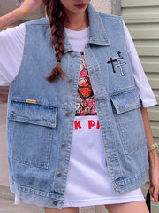  Cross Print Denim Jacket Vest
