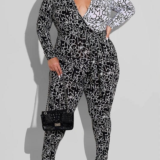 Colorblock Letter Print Long Sleeve Jumpsuit With Belt