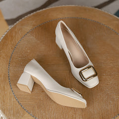 Women's Square Metal Decor Chunky Low Heels Slip On Pumps