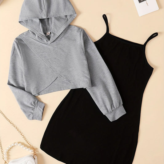 2pcs Girls Plain Hoodie & Cami Dress Set