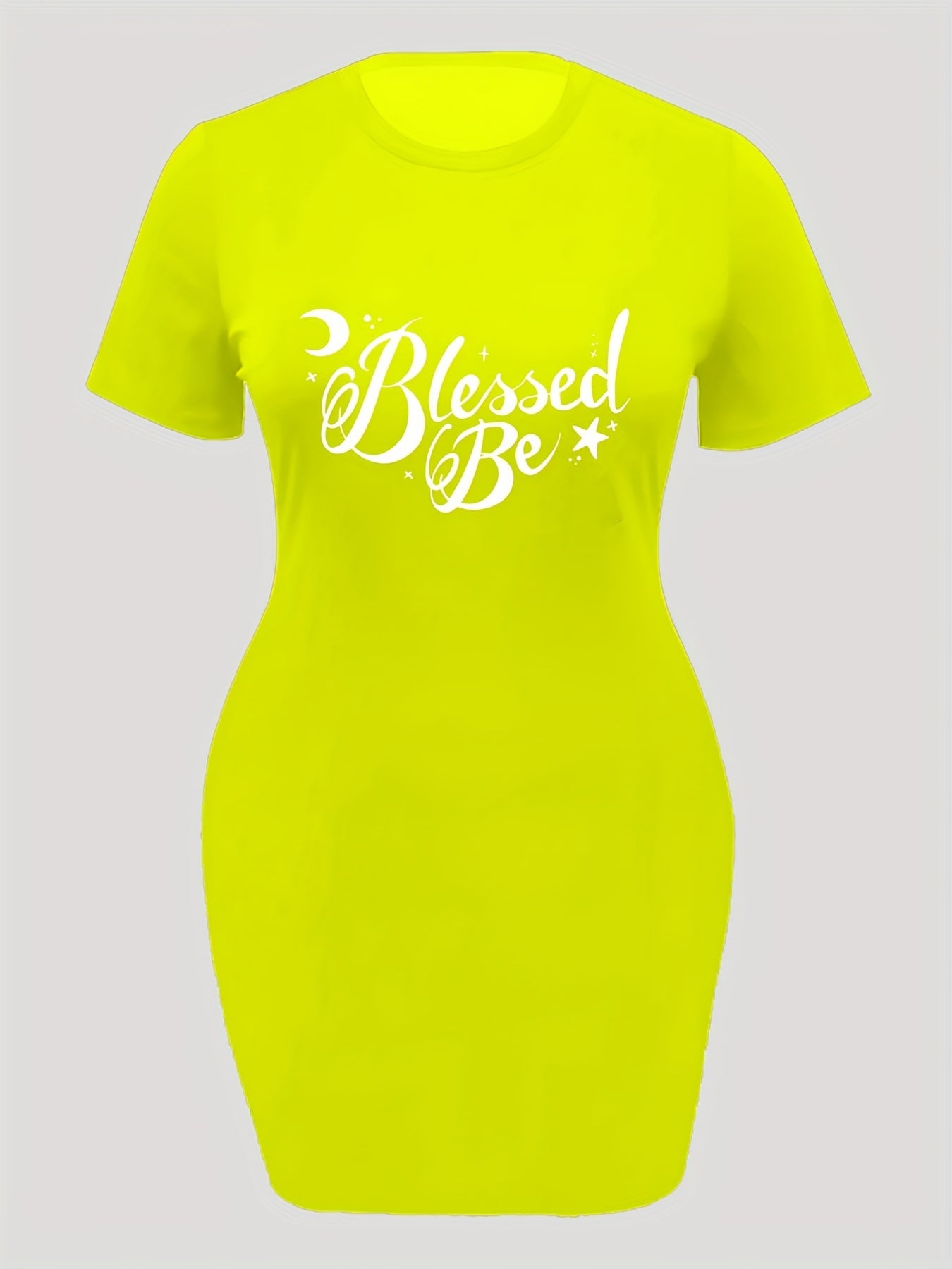  Slogan Print Short Sleeve Round Neck High Stretch Dress