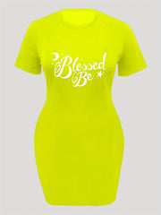  Slogan Print Short Sleeve Round Neck High Stretch Dress