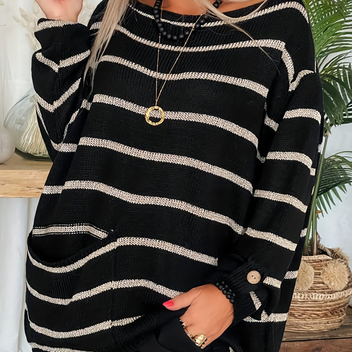  Casual Stripe Print Sweater Round Neck Jumper