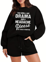  Slogan Print Fleece Pullover Top & Drawstring Shorts Outfit Set