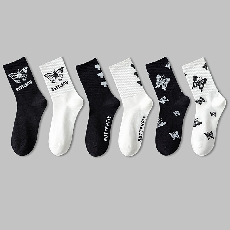 3 Pairs Butterfly Print Socks Women's Mid Tube Stockings