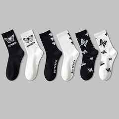 3 Pairs Butterfly Print Socks Women's Mid Tube Stockings