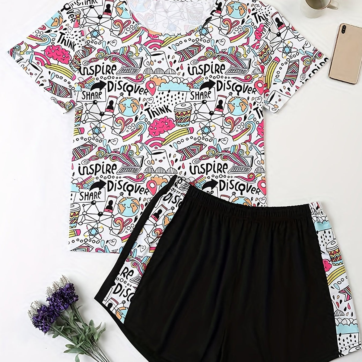  Cartoon Graphic Short Sleeve Top & Shorts Pajamas Set