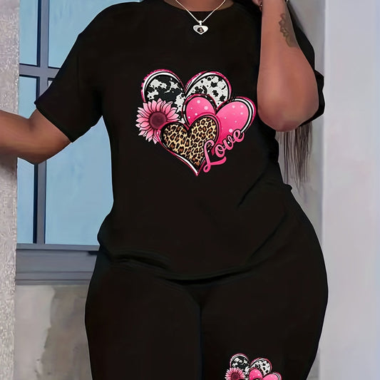  Leopard Heart Sunflower Letter Print 2 Piece Set