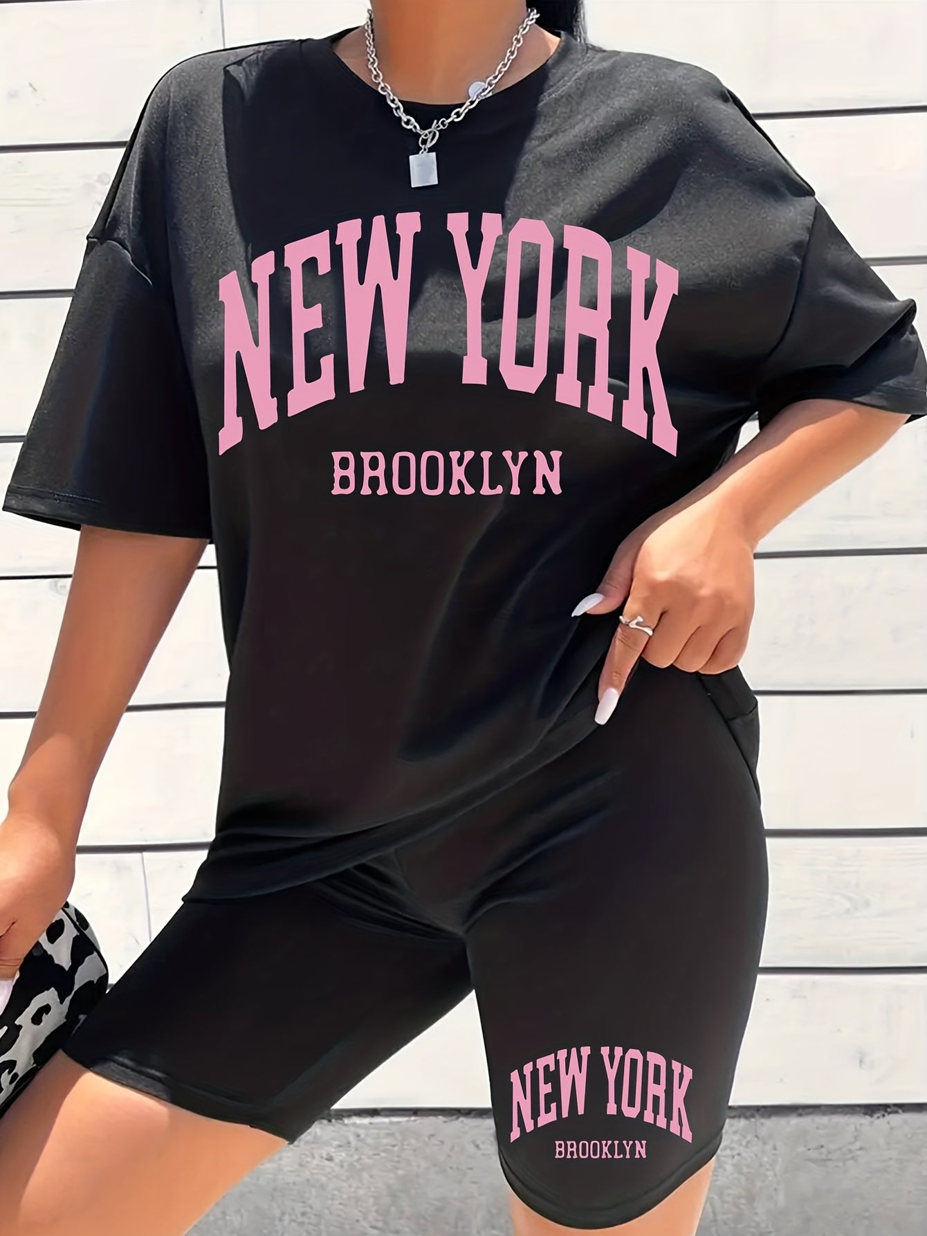 York Print 2pcs Set Short Sleeve T Shirt & Biker Shorts Summer Casual Two Piece