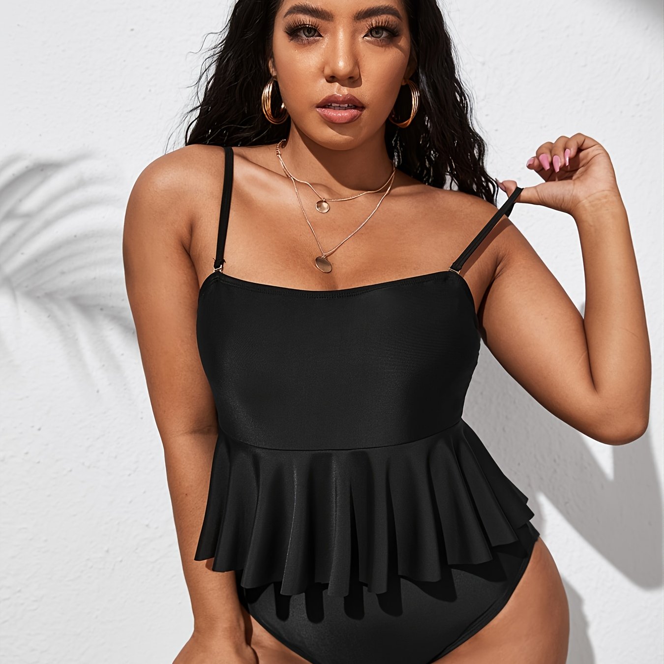 Solid Ruffle Trim One Piece Bikini Plus Size High Stretch Swimsuit