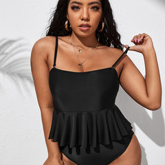 Solid Ruffle Trim One Piece Bikini Plus Size High Stretch Swimsuit