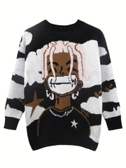  Y2k Sweater Women's Plus Figure Print Long Sleeve Round Neck Sweater