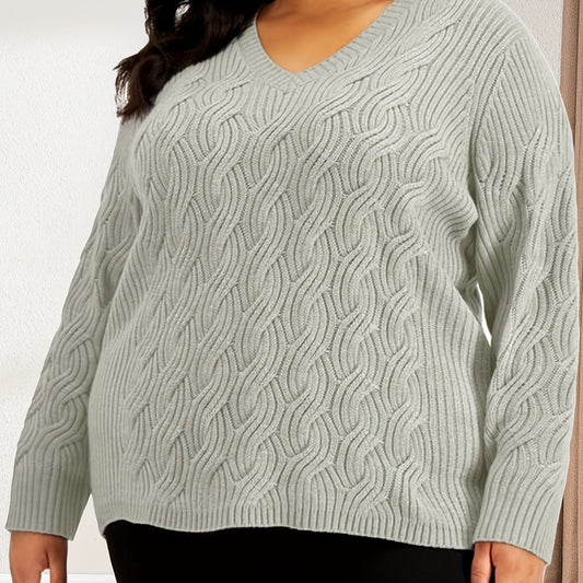  Solid Cable Long Sleeve Sweater V Neck Jumper