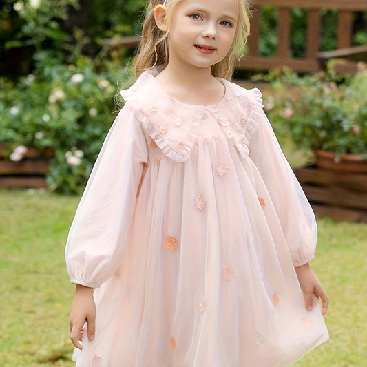 Blossoms Embroidery Mesh Collared Princess Dress For Girls