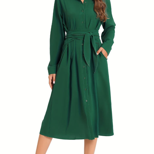 Button Belted Shirt Dress With Pocket Long Sleeve Dress