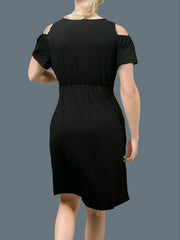  Solid Cold Shoulder V Neck Dress