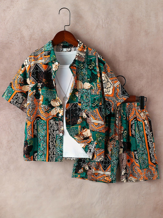 Boys Flower Print Outfit Short Sleeves Button Down Shirt & Shorts