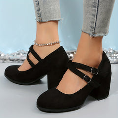 Women's Block Heels Double Buckle Strap Pumps Work Shoes