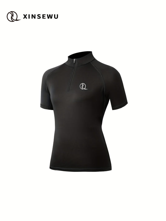 Women's Solid Mock Neck Short Sleeve Shirts Zipper Quick Dry Tops