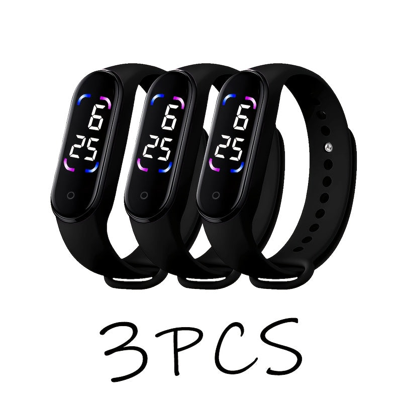 3pcs Touch Screen LED Sports Watches Durable PVC Strap 24-Hour Display