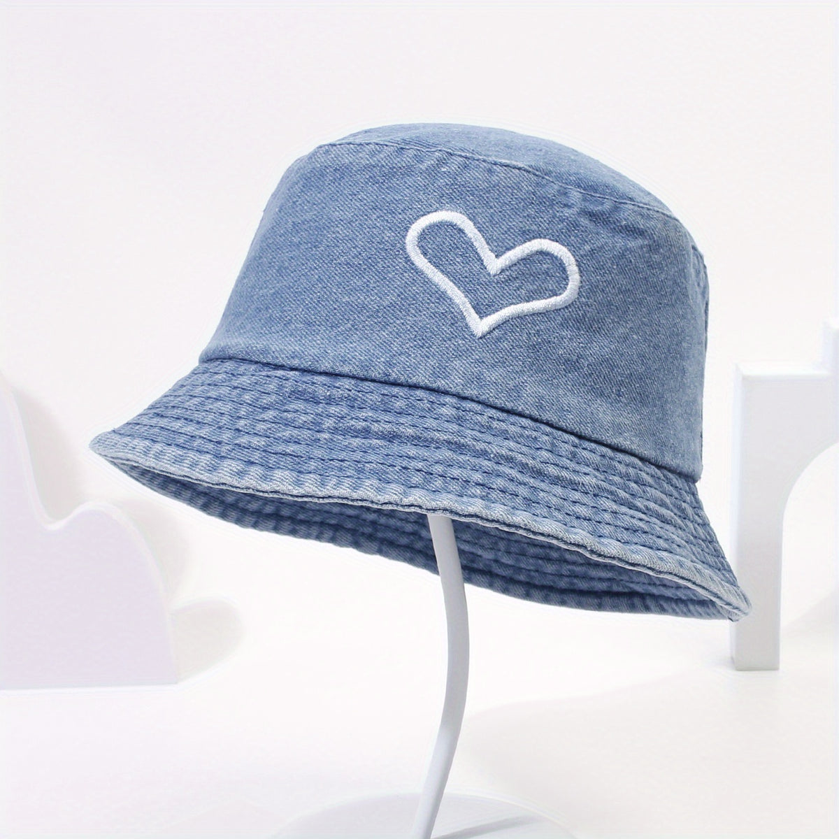 Denim Washed Bucket Hat Love Embroidery Fisherman Cap UV Protection Sun Hat