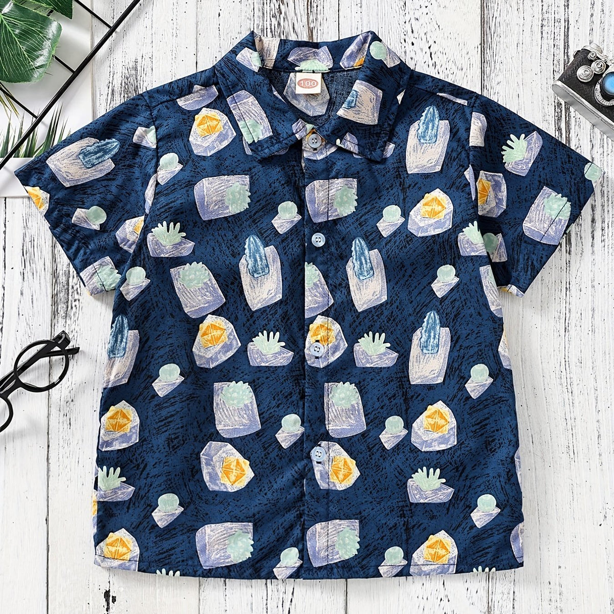 Boys Grass & Stone Short Sleeves Hawaiian Shirt for Beach Vacation