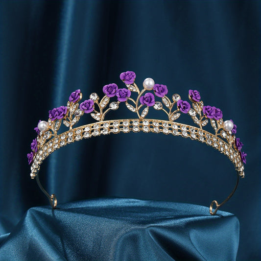 Purple Flower Headband Faux Pearl Princess Crown Head Jewelry