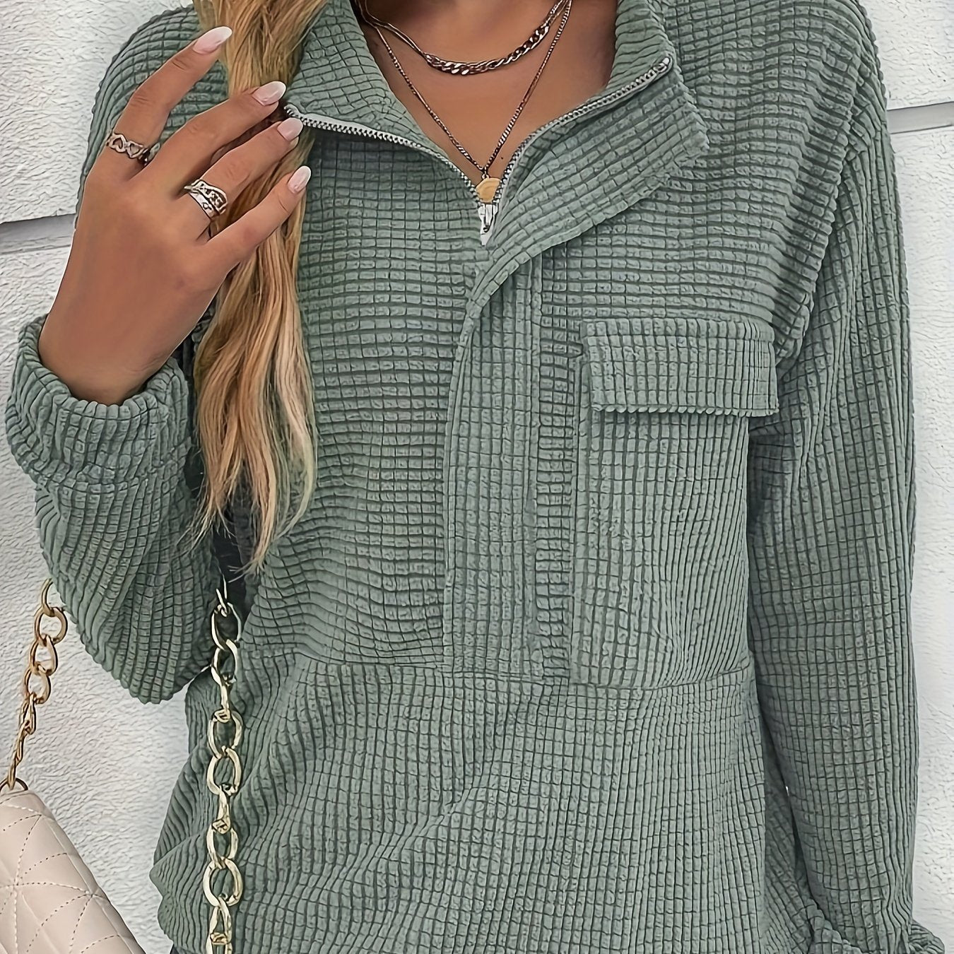  Solid Waffle Knit Half Zipper Top