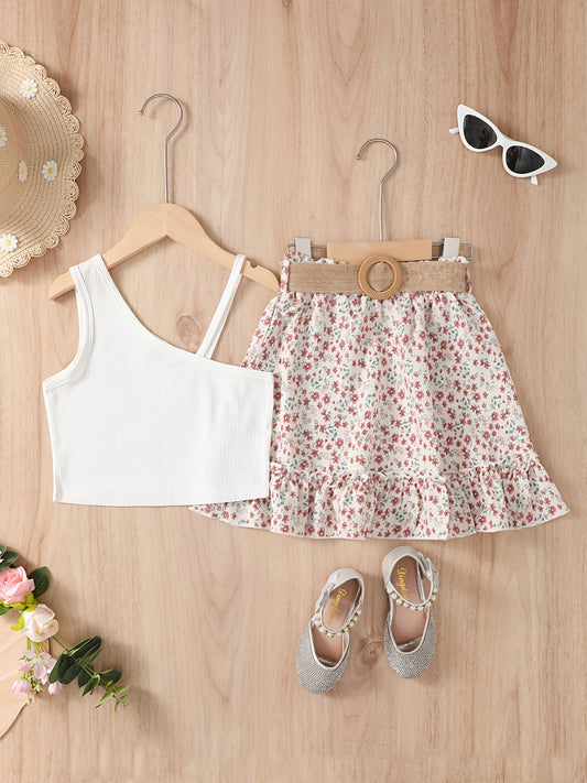 2pcs Girl Asymmetrical Neck Top And Floral Print Skirt Set Clothes