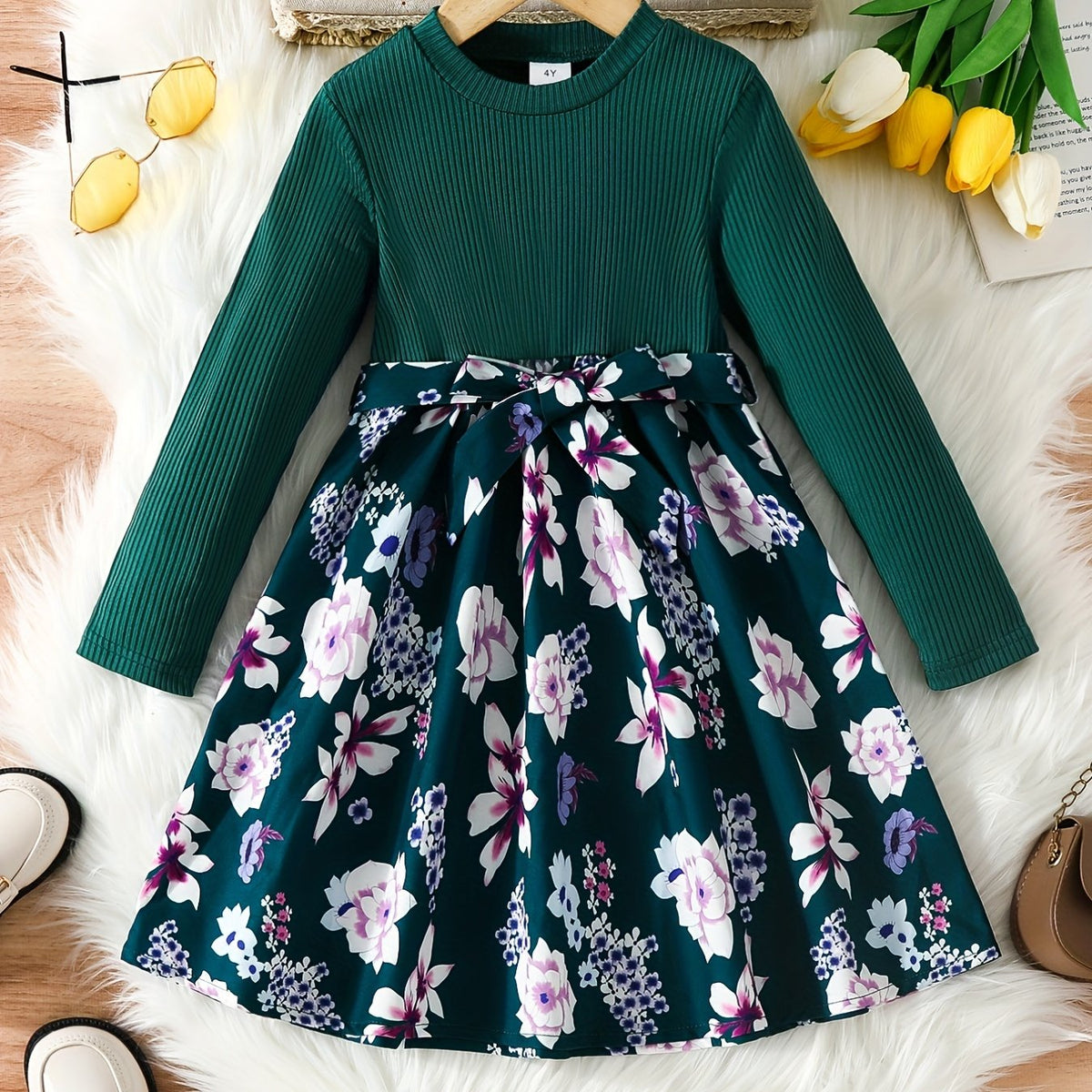 Floral Long Sleeve A Line Midi Dress with Belt