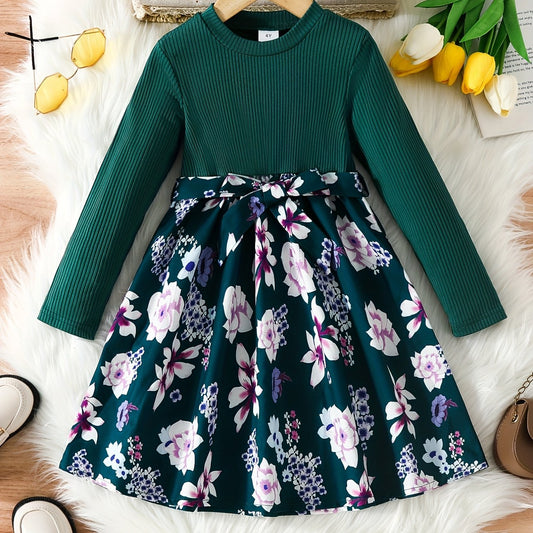 Floral Long Sleeve A Line Midi Dress with Belt