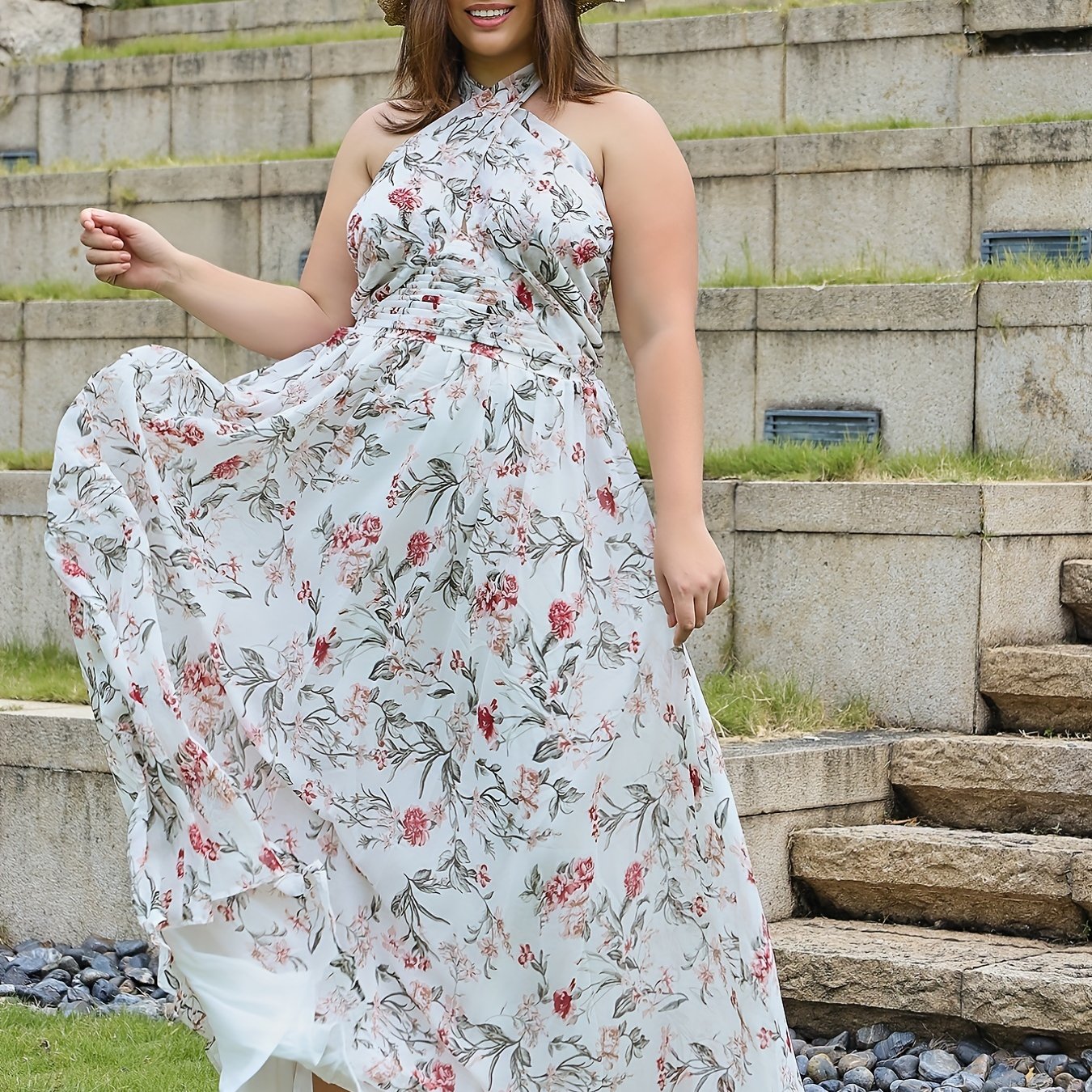  Floral Print Halter Neck Maxi Party Dress