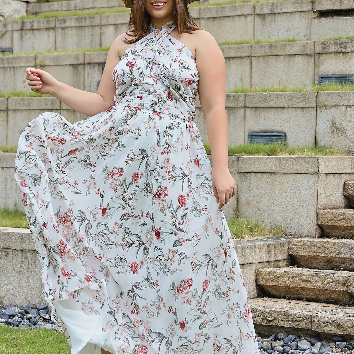  Floral Print Halter Neck Maxi Party Dress