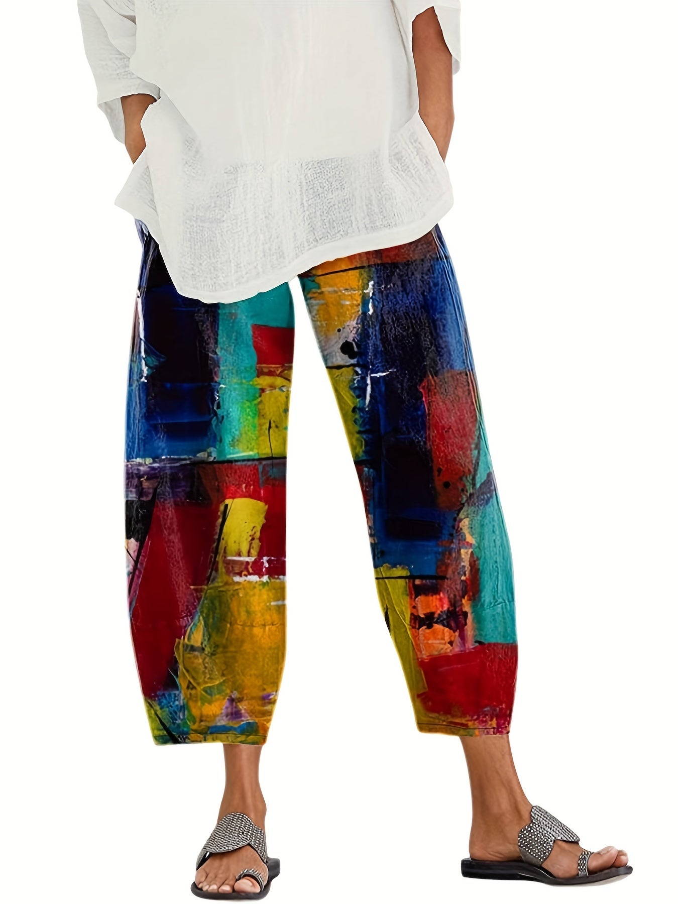  Colorblock Print Wide Leg Pants With Pockets