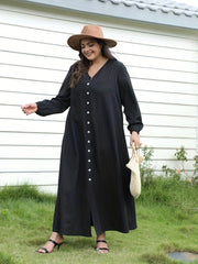  Ribbed Button Up Lantern Sleeve V Neck Maxi Dress