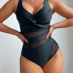 Mesh Contrast Twist One Piece Swimsuit V Neck Solid Bathing Suit