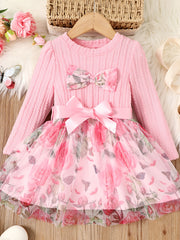 Toddler Girl Bow Front Floral Pattern Long Sleeve Dress