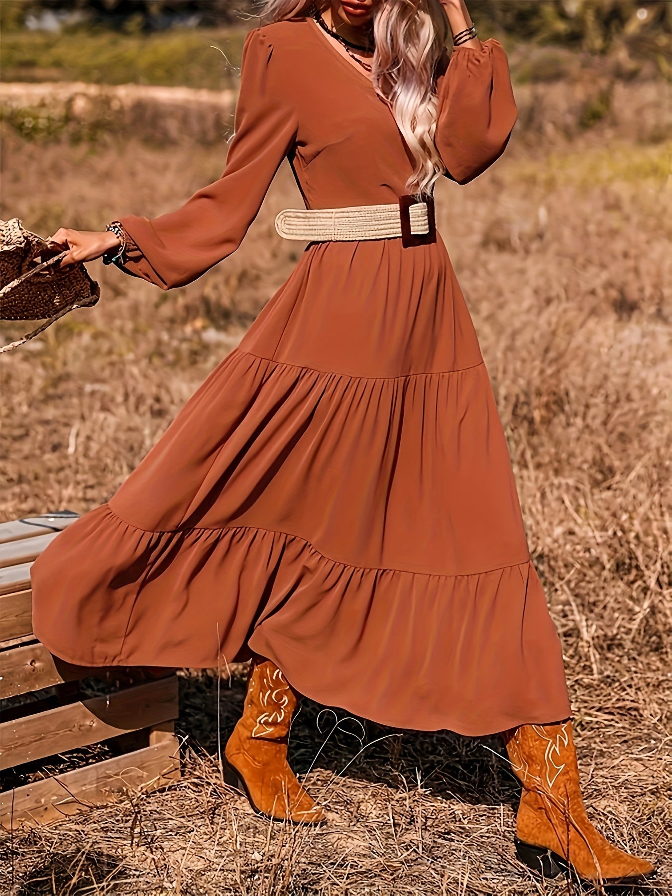 Women's Plus Lantern Sleeve Maxi Smock Dress