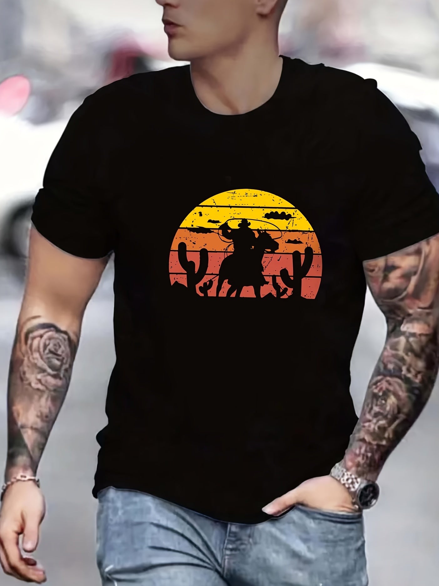 Old West Cowboy Print Men's Graphic Crew Neck Active T shirt Casual Comfy Tees