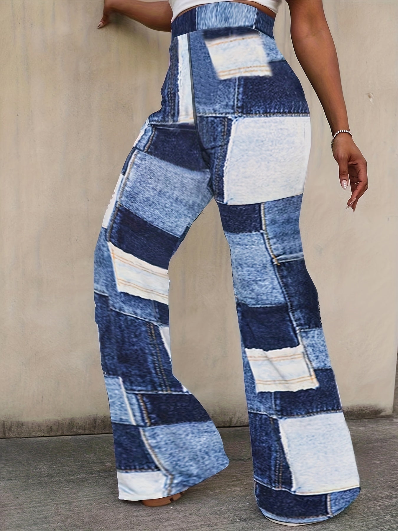  Colorblock Denim Print Flared Leg Trousers