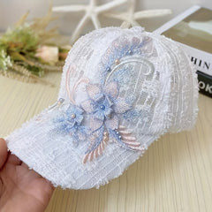 Flower Lace Baseball Cap with Faux Pearls
